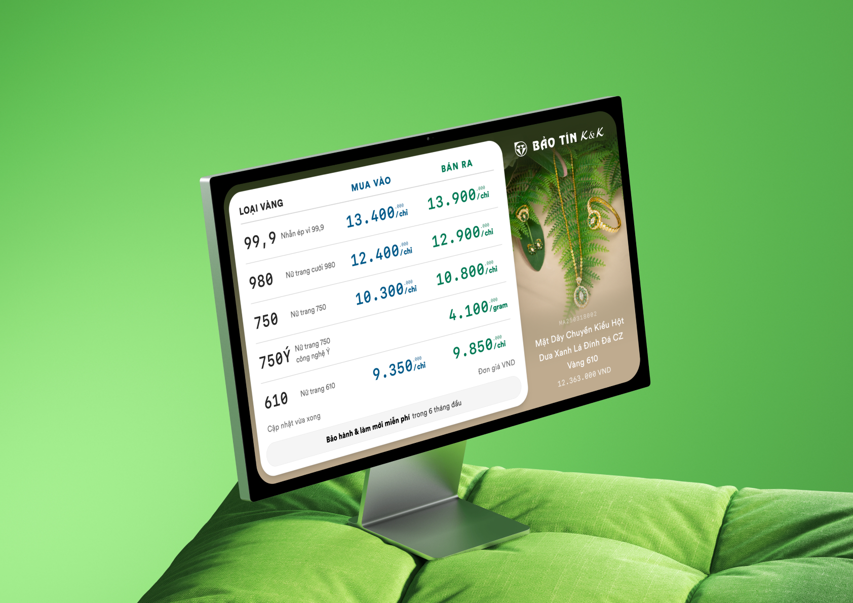 BTKK Gold Prices Dashboard — in-store display, green theme