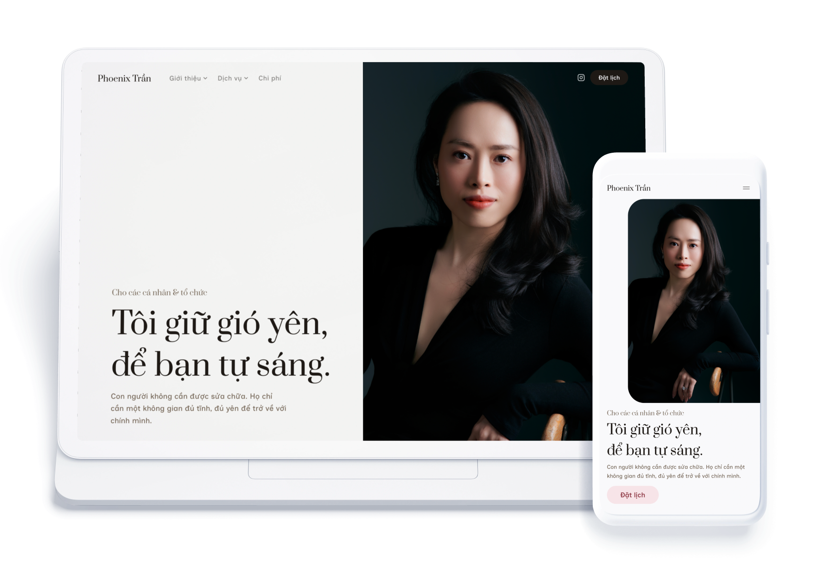 Phoenix Tran — landing hero, across desktop, tablet, and mobile