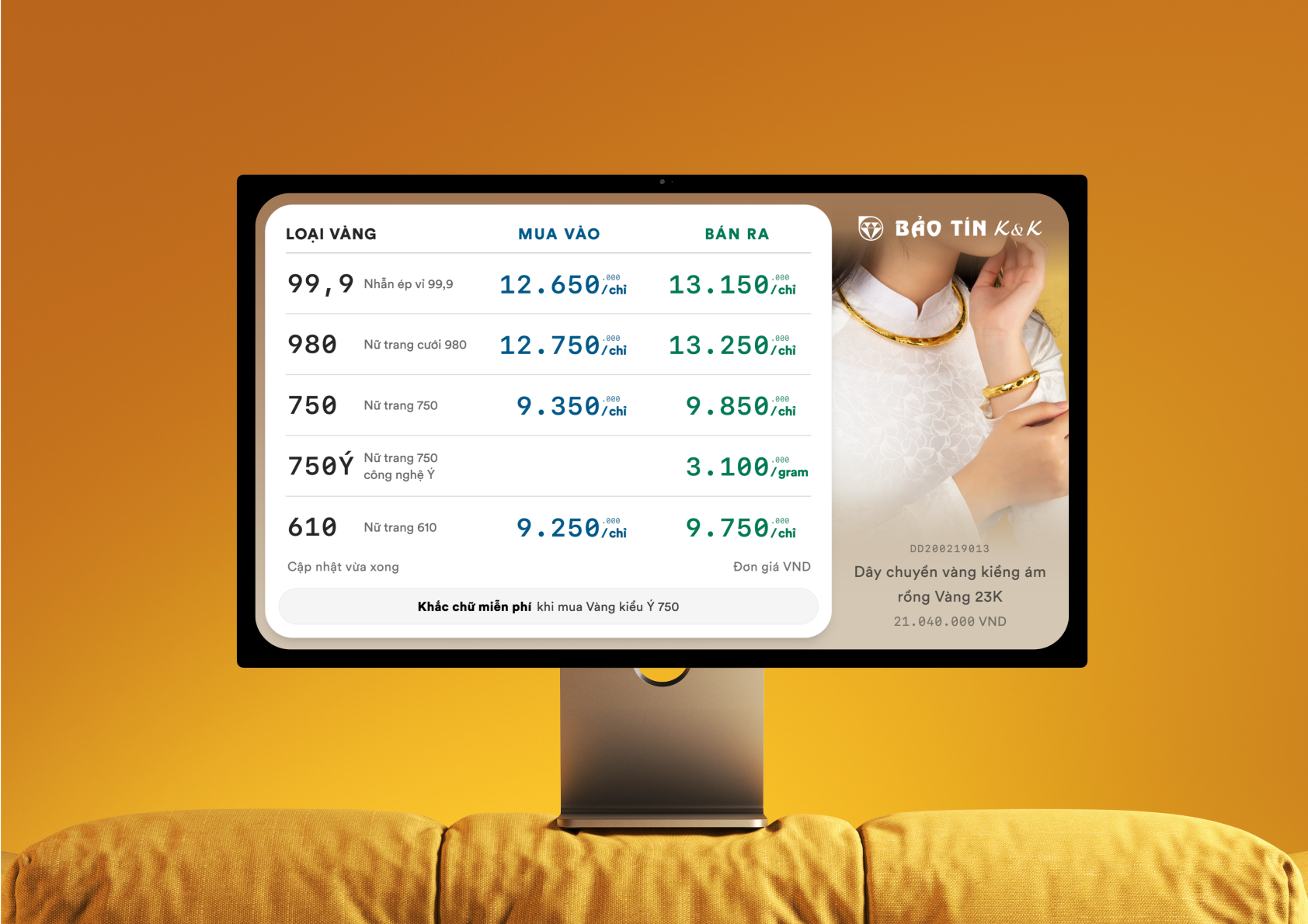 BTKK Gold Prices Dashboard — in-store display, orange theme