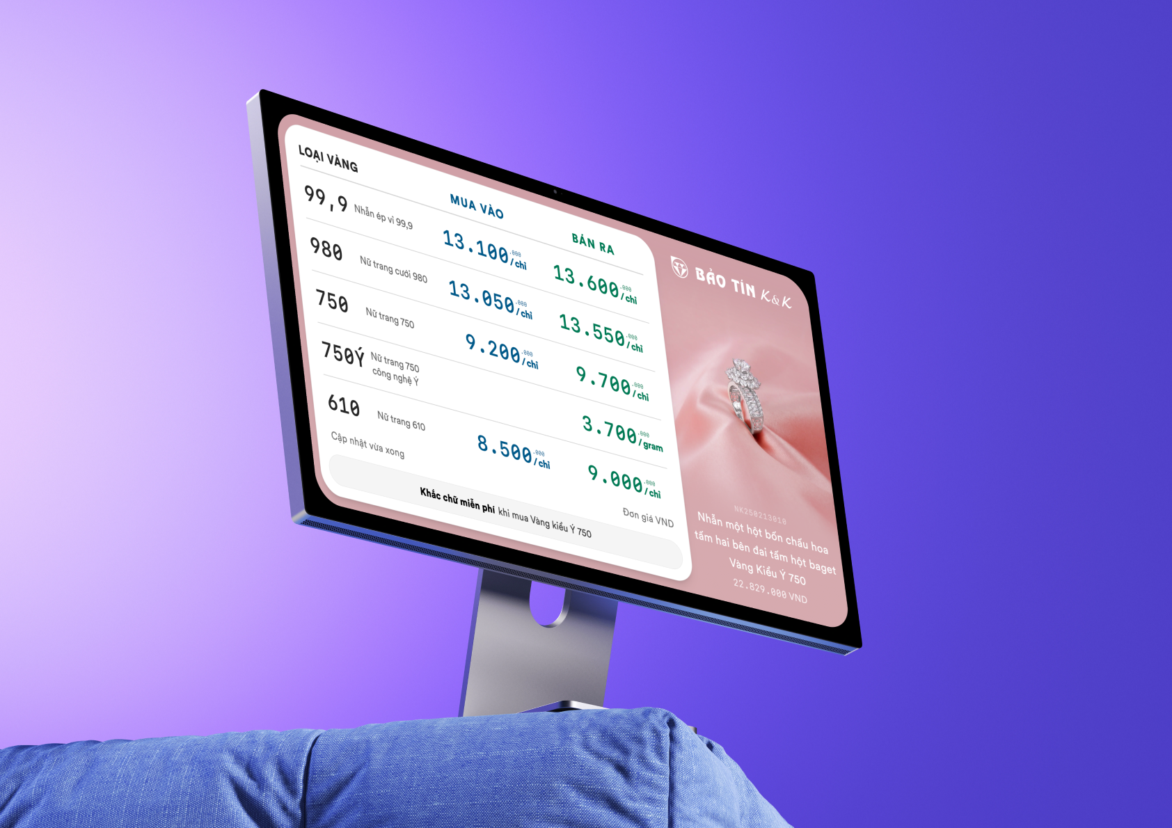 BTKK Gold Prices Dashboard — in-store display, purple theme