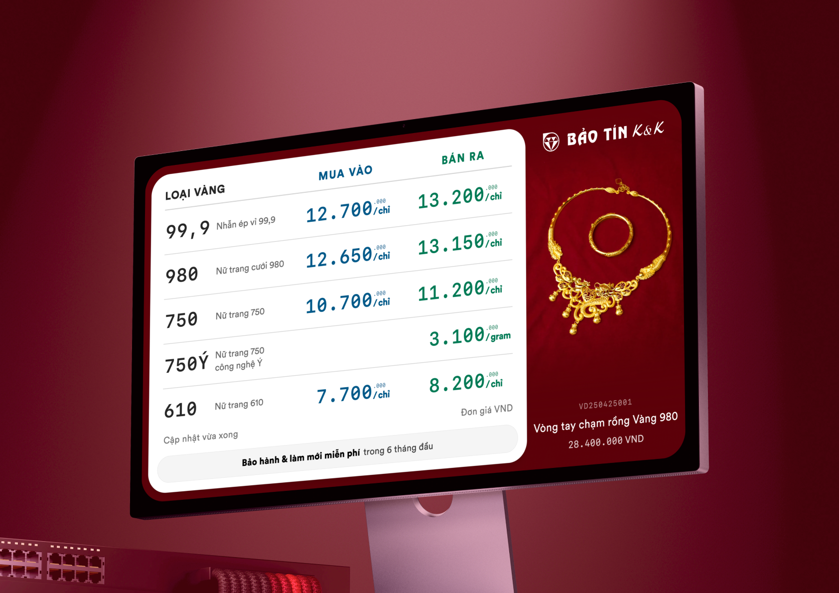 BTKK Gold Prices Dashboard — in-store display, red theme